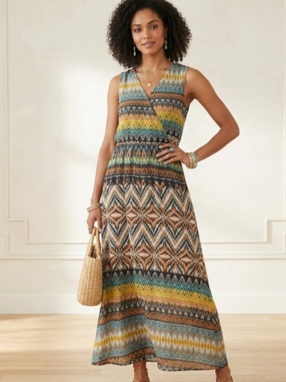 Mlle Gabrielle Sleeveless V-Neck Maxi Dress in Yellow, Blue, Brown